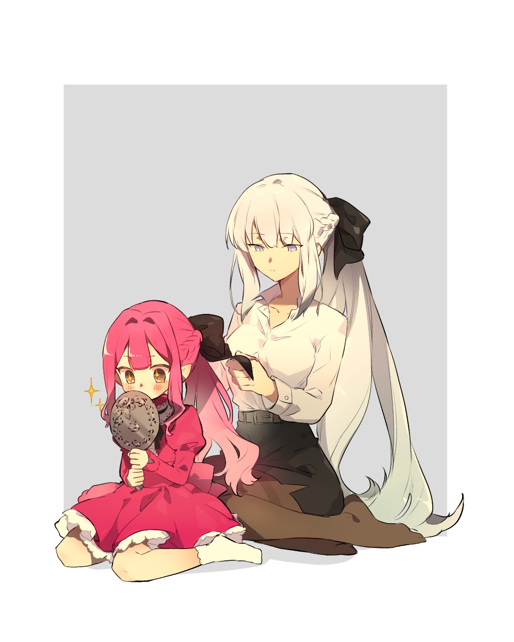 2girls, aged_down, baobhan_sith_(fate), black_dress, blue_eyes, blush, breasts, brown_pantyhose