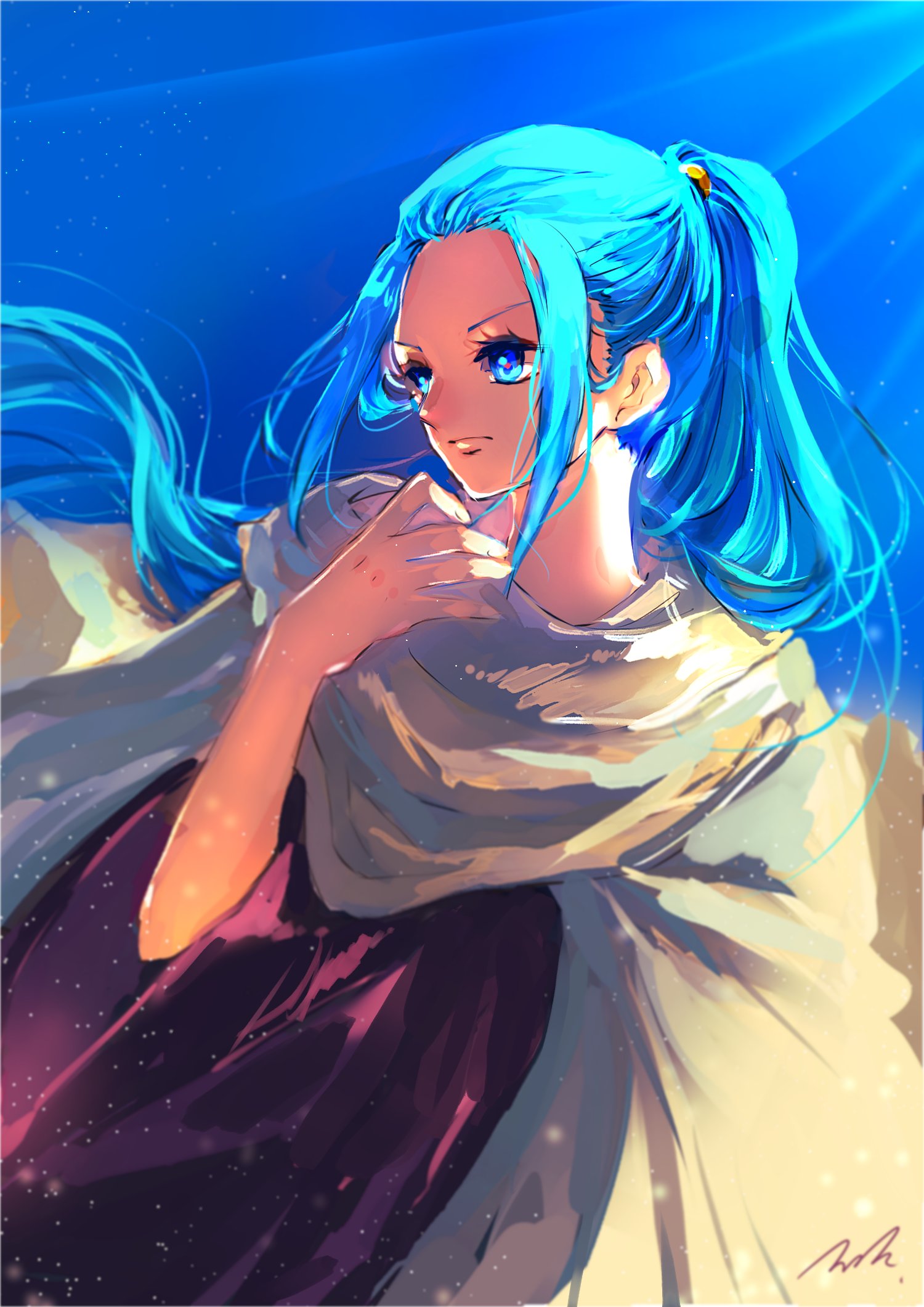 1girl, blue_eyes, blue_hair, cloak, commentary_request, desert, dress, floating_hair