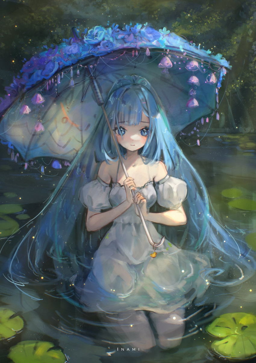 alternate_costume, artist_name, blue_eyes, blue_hair, blunt_bangs, collarbone, dress, hair_intakes, hand_on_umbrella, highres, hololive, inami_artist, kobo_kanaeru, long_hair, off-shoulder_dress, off_shoulder, puffy_sleeves, seiza, sitting, sitting_on_water, spaghetti_strap, water_drop, white_dress