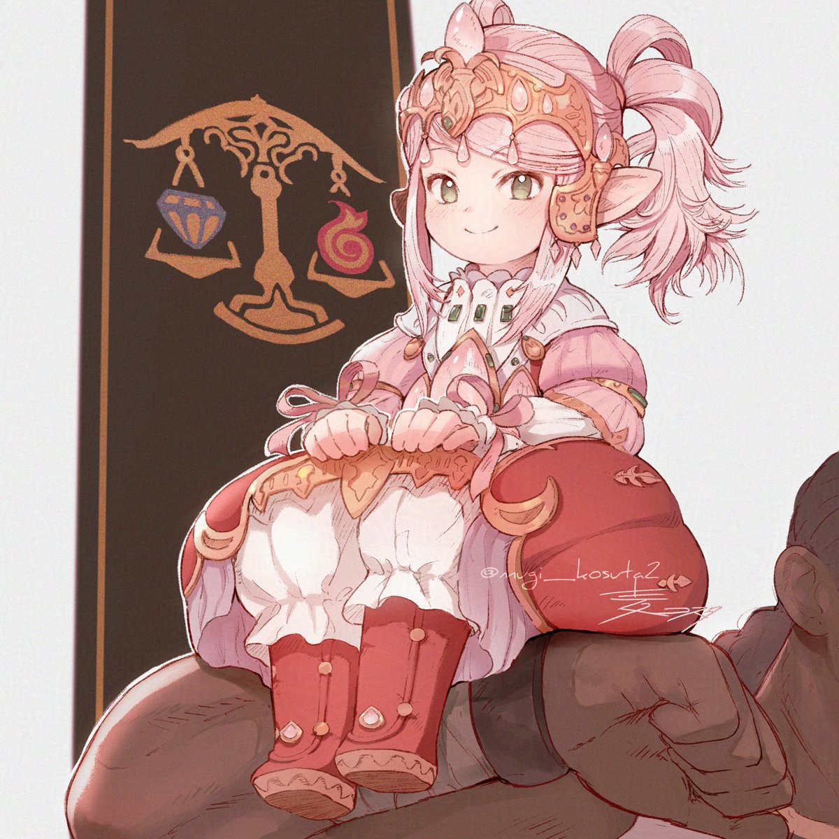 1boy, 1girl, arm_up, bloomers, boots, dark-skinned_male, dark_skin, final_fantasy, final_fantasy_xiv, green_eyes, head_out_of_frame, highres, lalafell, long_hair, mugi_kosuta, nanamo_ul_namo, pink_hair, pink_shirt, pointy_ears, raubahn_aldynn, red_footwear, red_skirt, shirt, sitting, sitting_on_arm, sitting_on_person, size_difference, skirt, smile, tiara, twintails, white_bloomers