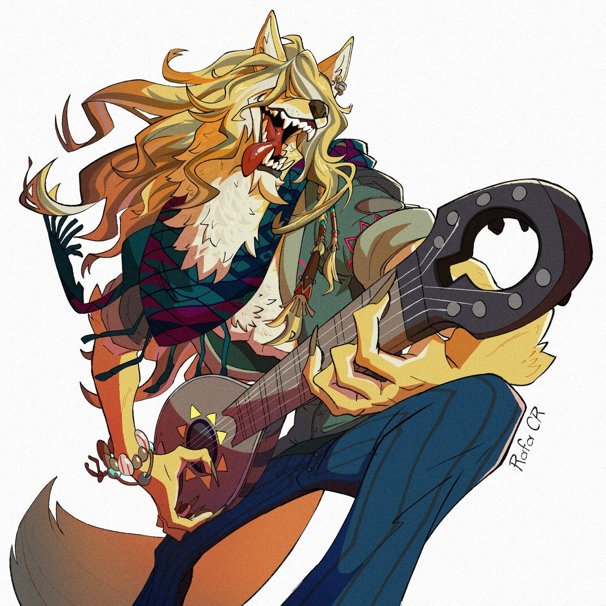 animal_ears, artist_name, blonde_hair, blue_pants, bracelet, claws, coyote_boy, dislyte