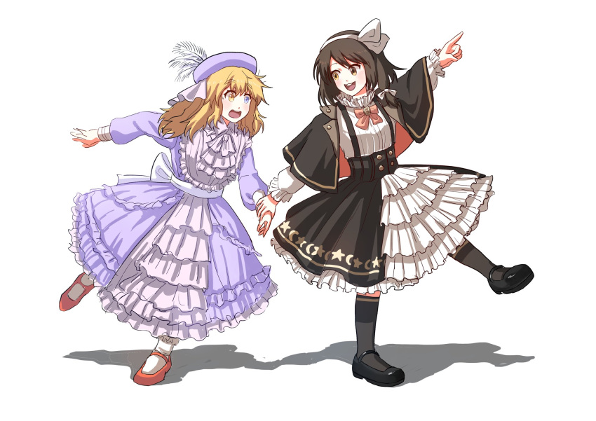 2girls, adapted_costume, black_capelet, black_dress, black_footwear, blonde_hair, brown_hair, capelet