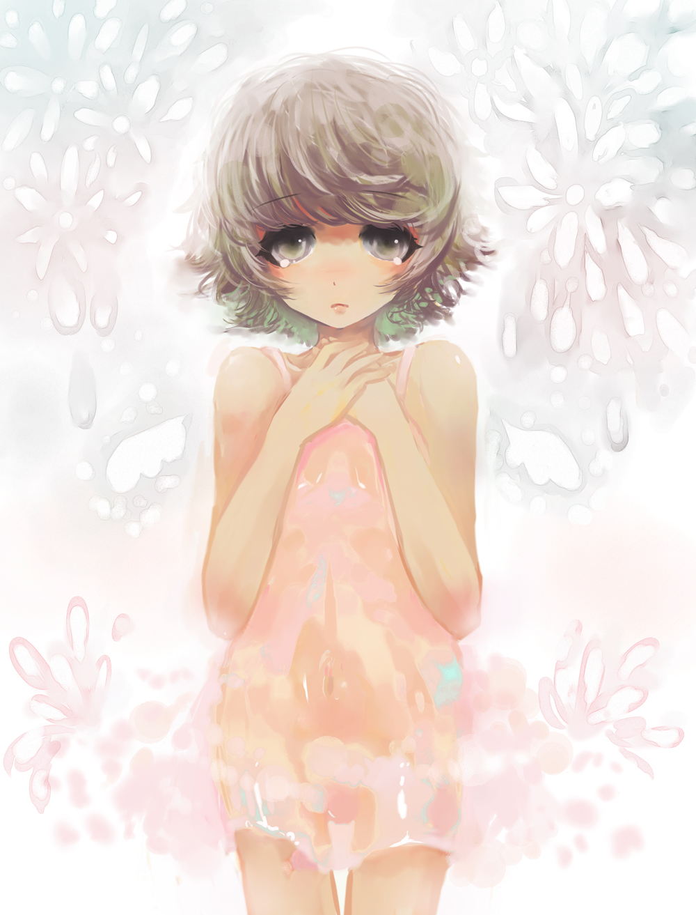 brown_hair, chemise, dangan-ronpa, dangan_ronpa, face, flower, fujisaki_chihiro, hands_on_own_chest