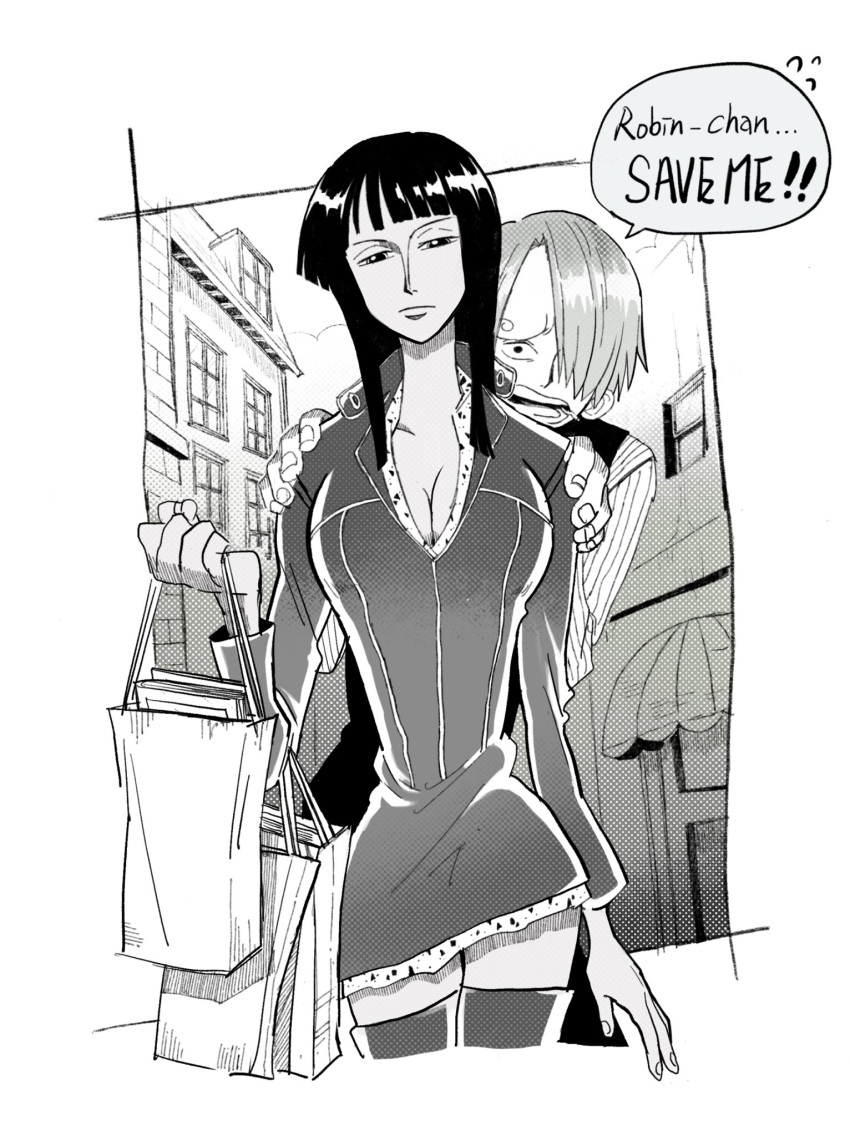 1boy, 1girl, bag, blunt_bangs, boots, cigarette, closed_mouth, commentary, cropped_legs, curly_eyebrows, dress, english_commentary, english_text, flying_sweatdrops, greyscale, hair_over_one_eye, hiding, highres, holding, holding_bag, long_sleeves, looking_at_viewer, medium_hair, monochrome, nico_robin, olu_1132, one_piece, sanji_(one_piece), shirt, speech_bubble, striped_clothes, striped_shirt, thigh_boots, vertical-striped_clothes, vertical-striped_shirt, vest