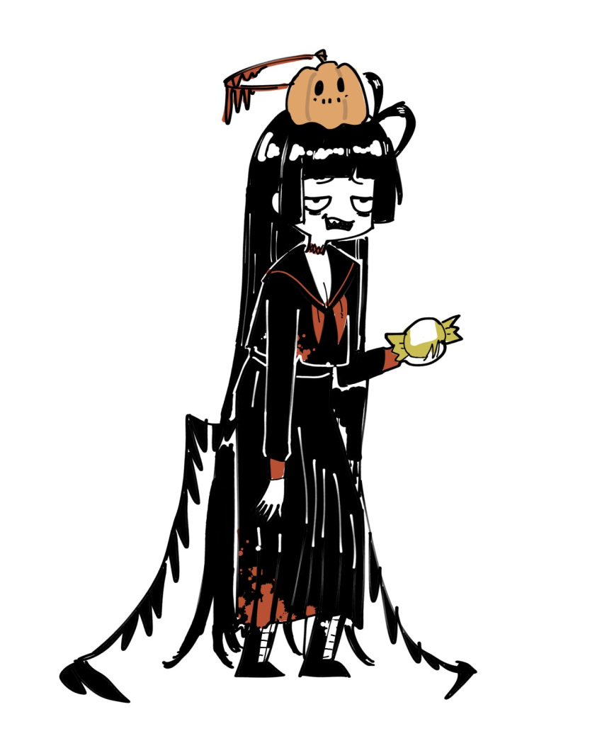 1girl, blood, blood_on_clothes, blue_archive, boots, choker, food, halloween