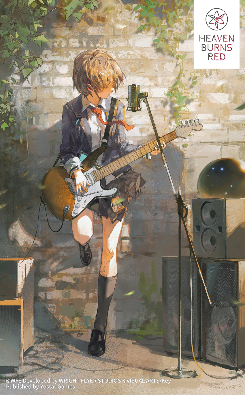 1girl, absurdres, black_footwear, blonde_hair, blue_jacket, brown_skirt, collared_shirt, commentary, copyright_name, copyright_notice, dino_(dinoartforame), electric_guitar, english_commentary, full_body, grey_socks, guitar, heaven_burns_red, highres, instrument, jacket, kayamori_ruka, key_(company), kneehighs, loafers, long_sleeves, microphone_stand, music, narvy_(heaven_burns_red), necktie, open_clothes, open_jacket, plaid_clothes, plaid_skirt, playing_instrument, pleated_skirt, red_necktie, school_uniform, second-party_source, shirt, shoes, short_hair, skirt, sleeve_cuffs, socks, solo, speaker, white_shirt, yostar
