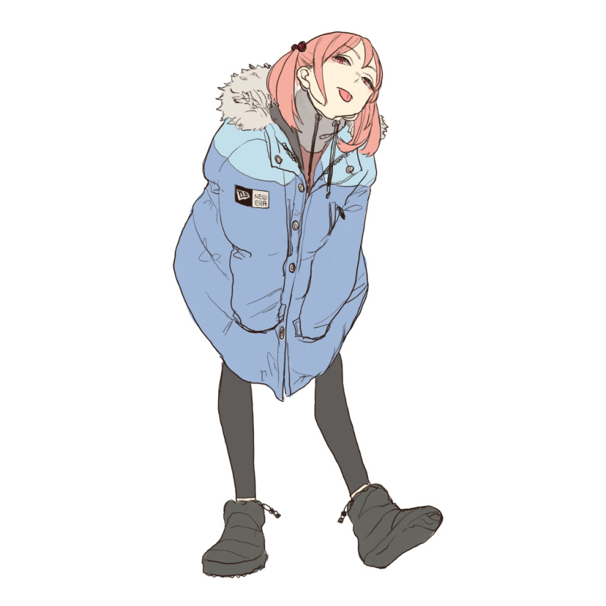 1girl, alternate_costume, black_footwear, black_leggings, blue_coat, boots, coat, drawstring