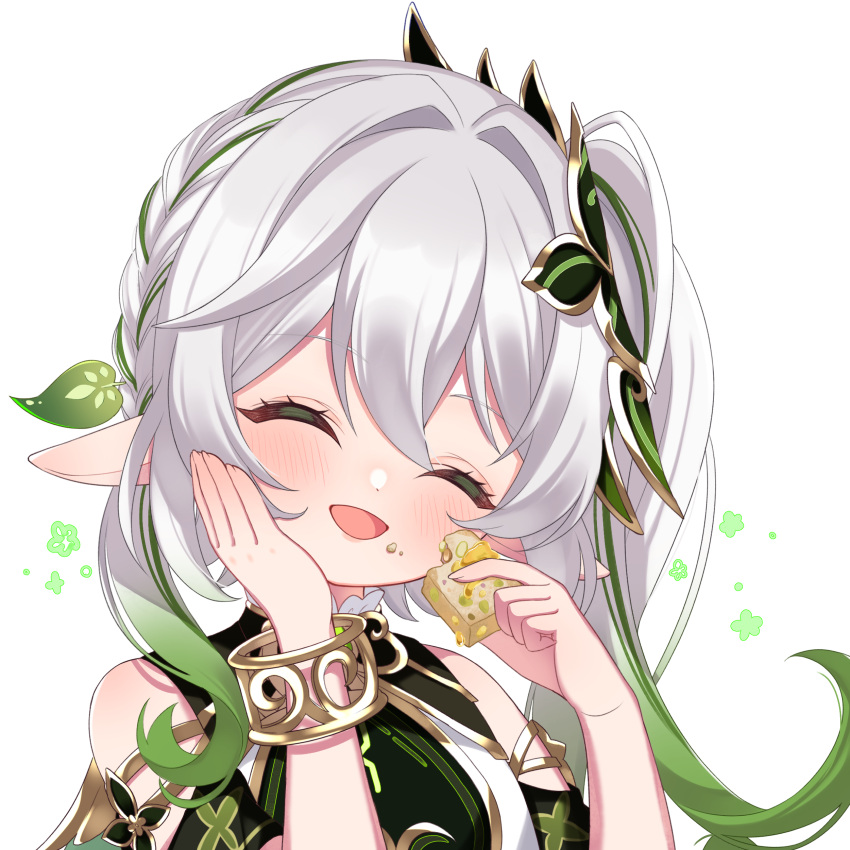 1girl, ^_^, absurdres, bare_shoulders, blush, bracelet, candied_ajilenakh_nut_(genshin_impact), candy, closed_eyes, commentary, detached_sleeves, eating, fingernails, food, genshin_impact, gold_trim, gradient_hair, green_hair, green_sleeves, hair_between_eyes, hair_ornament, head_tilt, highres, holding, holding_candy, holding_food, jewelry, leaf_hair_ornament, long_hair, multicolored_hair, nahida_(genshin_impact), open_mouth, portrait, shiun_hisame, side_ponytail, simple_background, sleeveless, solo, symbol-only_commentary, white_background, white_hair