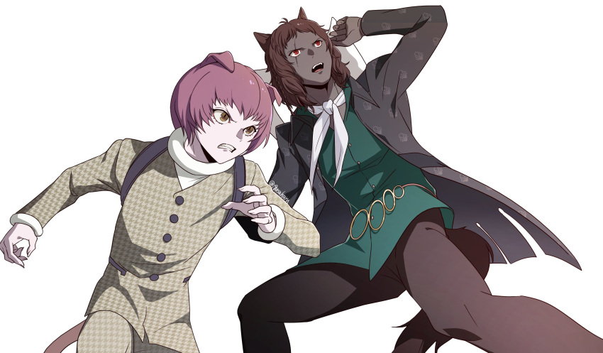 2boys, absurdres, animal_ears, arm_up, axe, basilio_(metaphor:_refantazio), black_pants, brothers