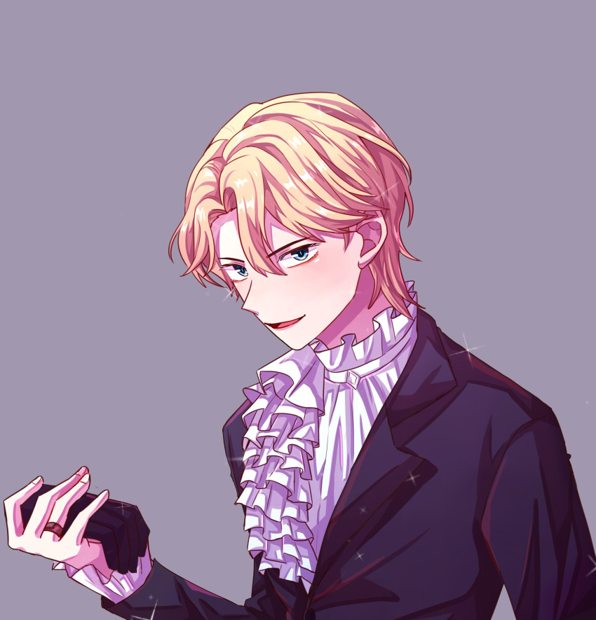 1boy, 1girl, black_gloves, black_jacket, blonde_hair, blue_eyes, commentary, frilled_shirt