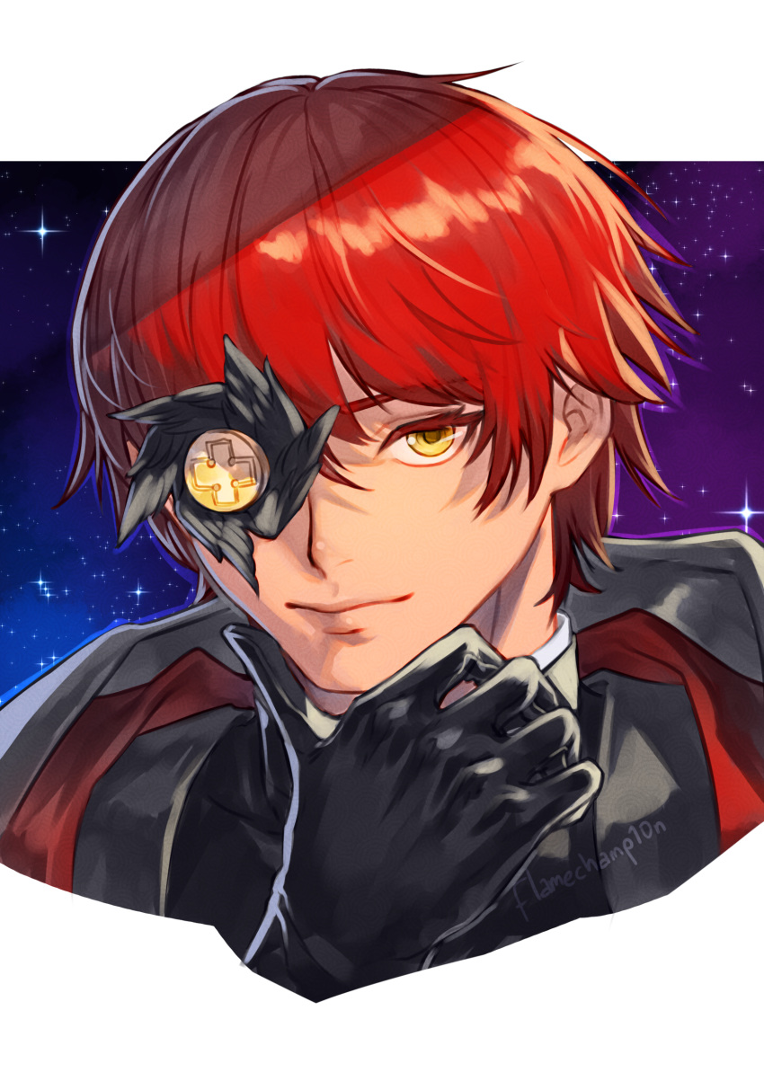 1boy, absurdres, asuka_r._kreutz, black_gloves, commission, english_commentary, flamechamp10n, gloves