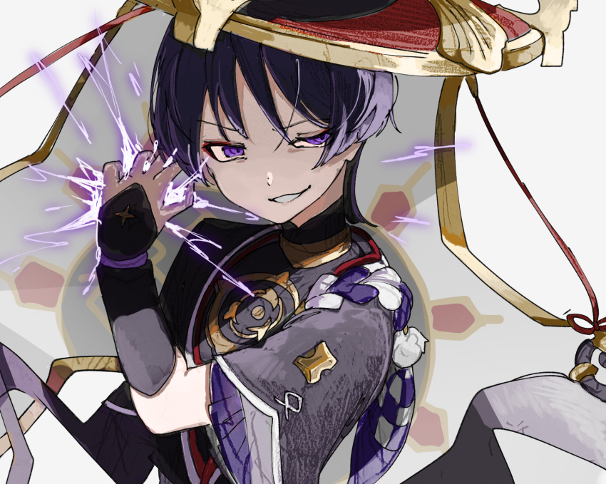 1boy, armor, black_bodysuit, black_kimono, black_sleeves, blunt_ends, bodysuit, electricity, frilled_sleeves, frills, furisode, genshin_impact, gold, han'eri, hand_up, hat, highres, japanese_armor, japanese_clothes, jewelry, jingasa, kimono, kingyo_(user_xyuc7787), kote, kurokote, layered_clothes, layered_kimono, layered_sleeves, looking_at_viewer, male_focus, mandarin_collar, mitsudomoe_(shape), neck_ring, open_clothes, open_kimono, purple_electricity, purple_hair, purple_rope, purple_sleeves, red_hat, red_kimono, rope, scaramouche_(genshin_impact), see-through_clothes, see-through_veil, shimenawa, short_sleeves, smirk, solo, three_quarter_view, tomoe_(symbol), uneven_eyes, upper_body, veil, violet_eyes, white_background, white_mouth, white_rope, white_trim