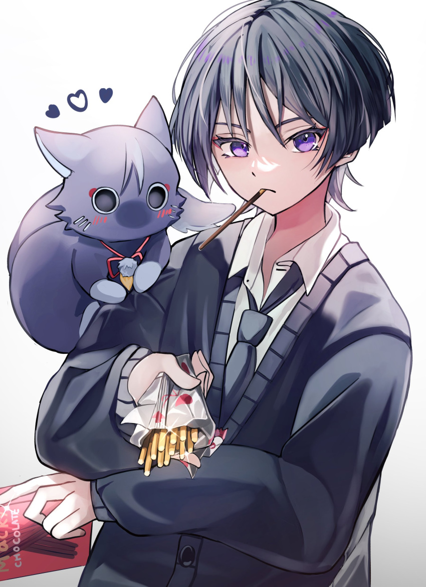 1boy, absurdres, alternate_costume, animal_on_shoulder, aomiya_souju, black_cardigan, black_hair, black_necktie