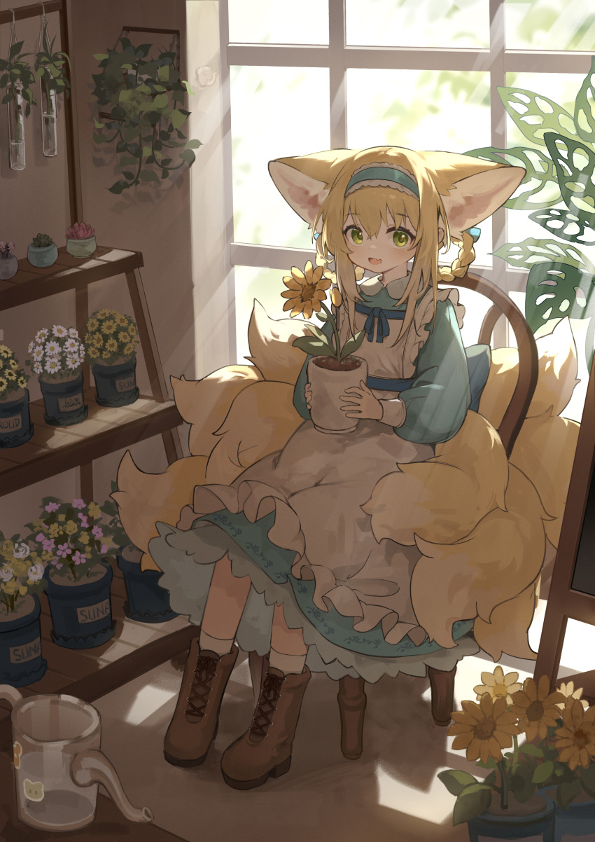 1girl, absurdres, animal_ears, apron, arknights, backlighting, blonde_hair, blue_bow, blue_dress, blue_hairband, boots, bow, braid, braided_hair_rings, brown_footwear, chinese_commentary, commentary_request, dress, flower, fox_ears, fox_tail, frilled_apron, frilled_hairband, frills, green_eyes, hair_bow, hair_rings, hairband, highres, indoors, kitsune, kyuubi, long_sleeves, looking_at_viewer, multiple_tails, open_mouth, petticoat, plant, potted_plant, shio_(shiofeifei), smile, sunflower, sunlight, suzuran_(arknights), tail, watering_can, white_apron, window