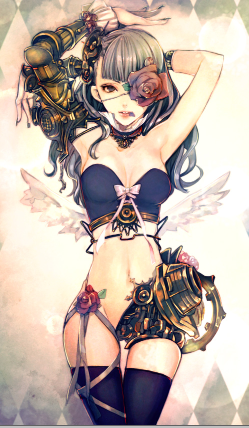 armpits, black_legwear, black_thighhighs, bow, eyepatch, flower, grey_hair, ishizuekachiru, navel, original, red_rose, rose, solo, thigh-highs, thighhighs, wings