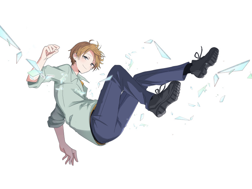 1boy, absurdres, black_footwear, brown_hair, denim, enkichi_totan, falling, glass_shards