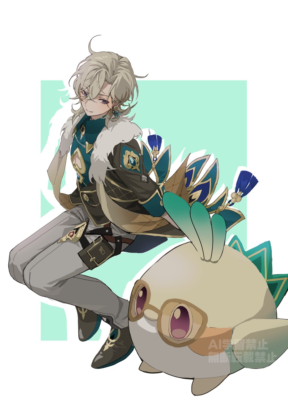 1boy, arm_support, aventurine_(honkai:_star_rail), aventurine_(origami_bird)_(honkai:_star_rail), blonde_hair, blue_eyes, border, brown_footwear
