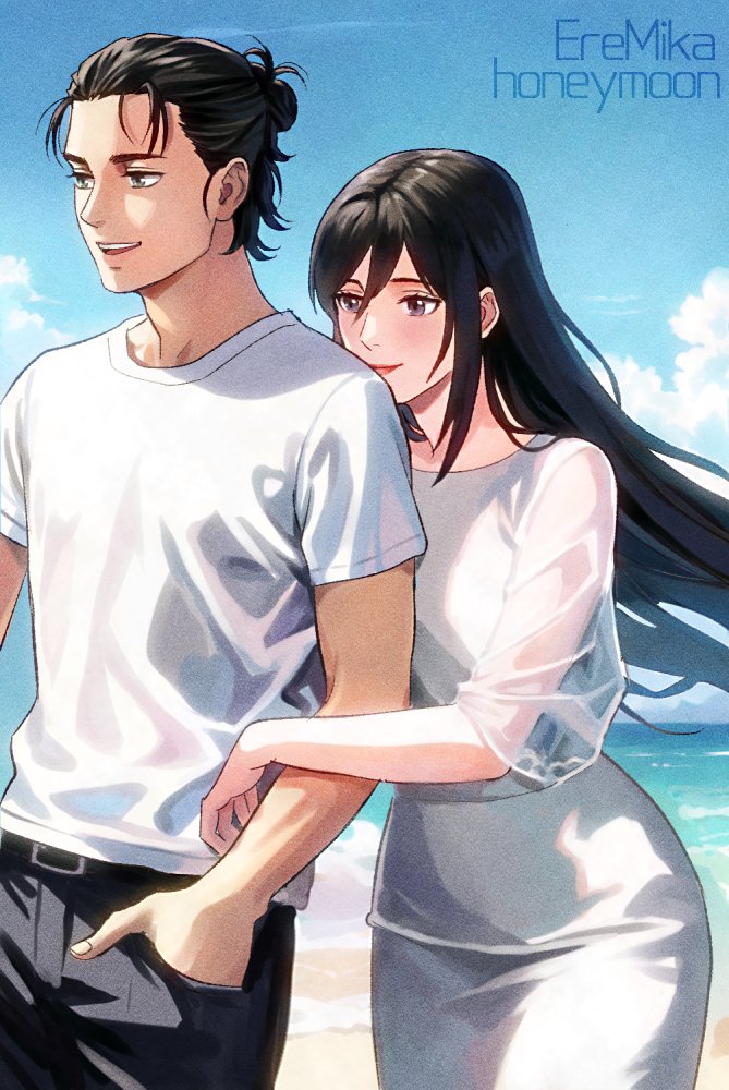 1216liddell, 1boy, 1girl, alternate_costume, beach, black_hair, black_pants, blue_sky