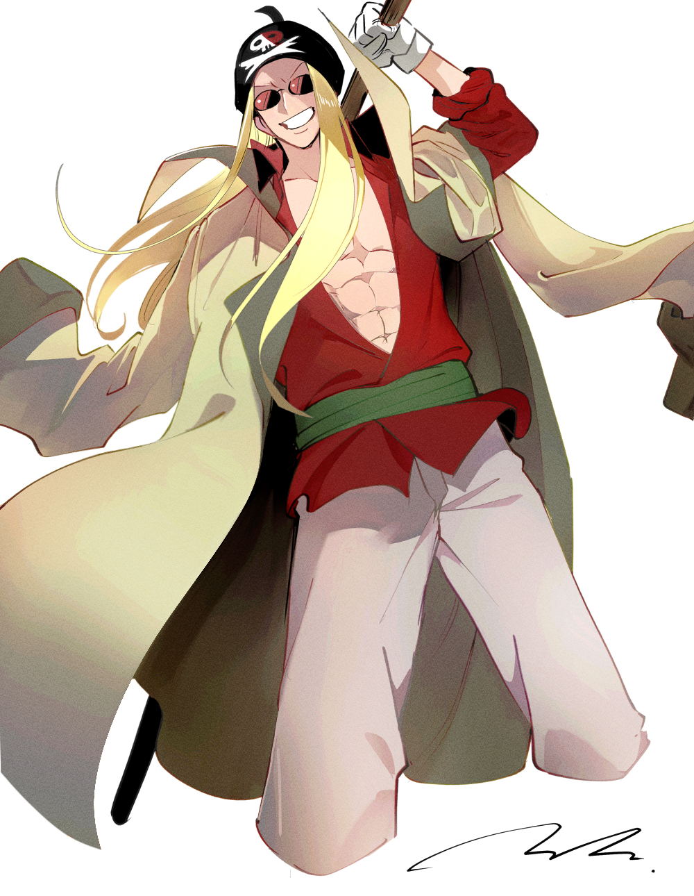 1boy, abs, blonde_hair, coat, coat_on_shoulders, commentary_request, cropped_legs, floating_hair