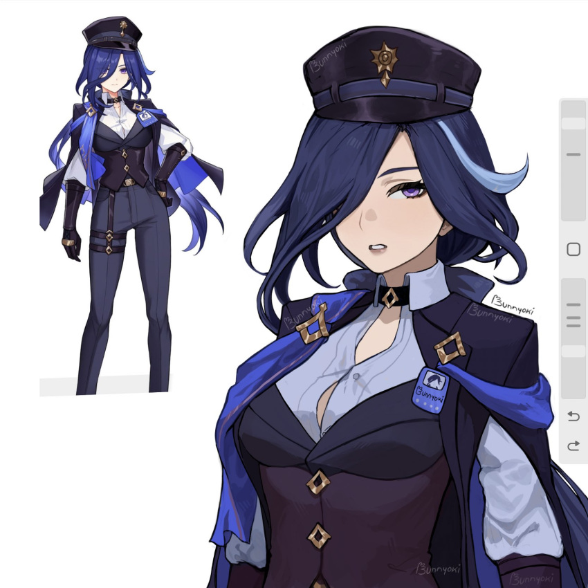 1girl, annotated, black_choker, black_hat, black_vest, blue_hair, blue_shirt, bunnyoki