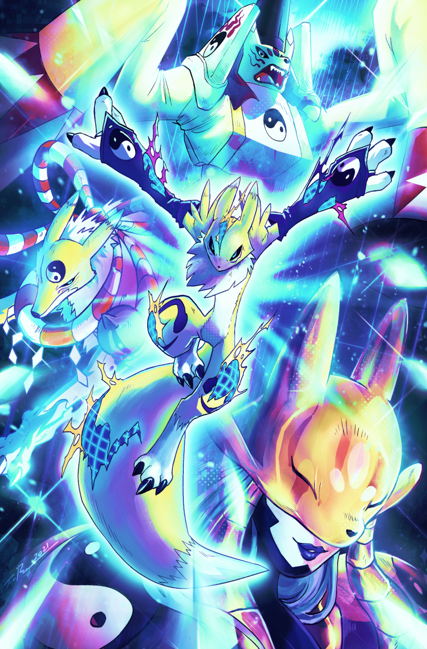 1girl, absurdres, black_sclera, blue_eyes, claws, colored_sclera, digimon, digimon_(creature)