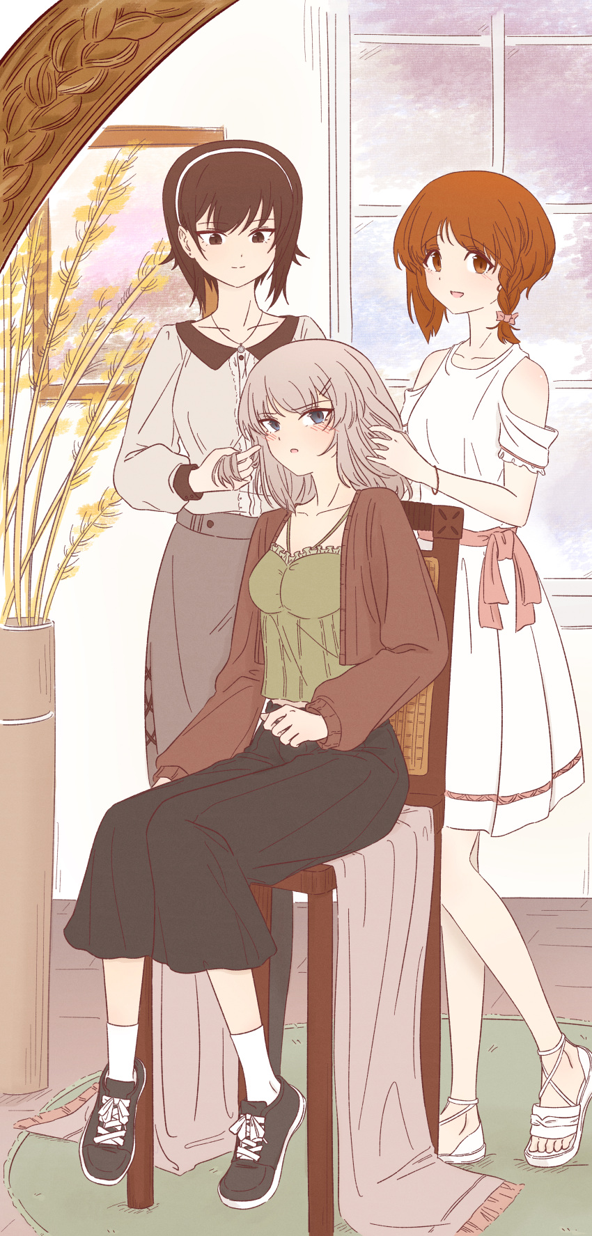 absurdres, black_footwear, black_skirt, blue_eyes, blush, bracelet, braid, brown_eyes, brown_hair, camisole, cardigan, casual, chair, closed_mouth, clothing_cutout, commentary, dress, girls_und_panzer, green_camisole, grey_hair, grey_shirt, grey_skirt, hair_ornament, hairclip, hand_in_another's_hair, highres, indoors, itsumi_erika, jewelry, light_frown, long_sleeves, looking_at_another, looking_at_viewer, medium_dress, medium_hair, medium_skirt, necklace, nekounko, nishizumi_maho, nishizumi_miho, on_chair, open_cardigan, open_clothes, open_mouth, red_cardigan, sandals, shirt, shoes, short_hair, short_sleeves, shoulder_cutout, siblings, side_braid, sisters, sitting, skirt, smile, sneakers, socks, standing, symbol-only_commentary, white_dress, white_footwear, white_hair, white_socks, window