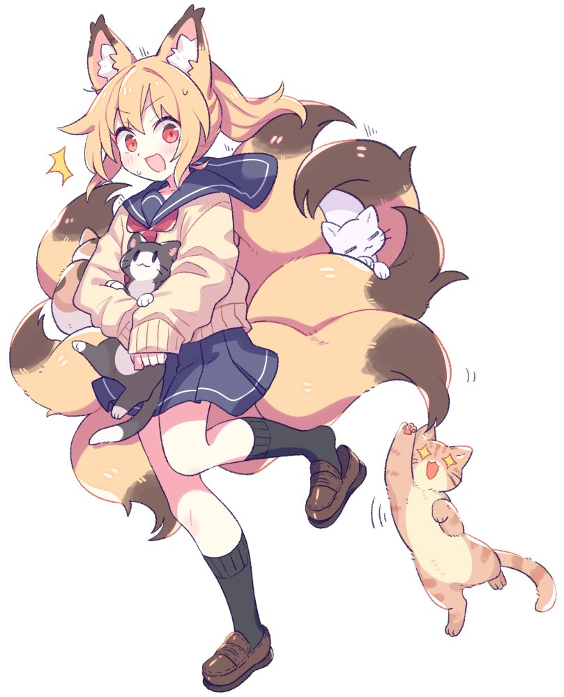 +_+, 1girl, ^^^, animal, animal_ear_fluff, animal_ears, black_cat, black_socks, blonde_hair, blue_sailor_collar, blue_skirt, blush, brown_tail, cat, dot_nose, fox_ears, fox_girl, fox_tail, holding, holding_animal, holding_cat, kitsune, kyuubi, loafers, long_sleeves, motion_lines, multicolored_tail, multiple_tails, neckerchief, open_mouth, orange_cat, orange_eyes, original, playing, pleated_skirt, ponytail, red_neckerchief, sailor_collar, shoe_dangle, shoes, short_hair, sidelocks, simple_background, skirt, sleeves_past_wrists, socks, solo, standing, standing_on_one_leg, surprised, suzuno_(suzuno3110), sweatdrop, sweater, tail, white_background, white_cat, yellow_sweater, yellow_tail