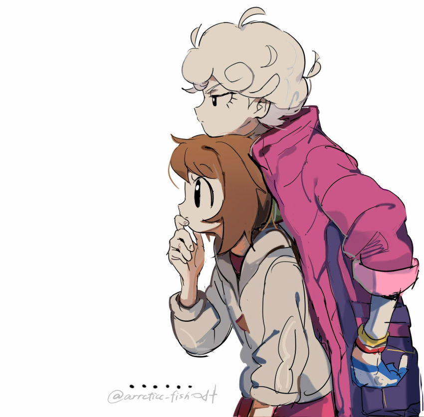1boy, 1girl, arrcticc_fish, bede_(pokemon), black_eyes, brown_hair, cardigan, closed_mouth, coat, curly_hair, dress, dynamax_band, eyelashes, from_side, gloria_(pokemon), gloves, grey_cardigan, hand_on_own_chin, hand_up, highres, hood, hooded_cardigan, pokemon, pokemon_swsh, purple_coat, short_hair, simple_background, stroking_own_chin, white_background