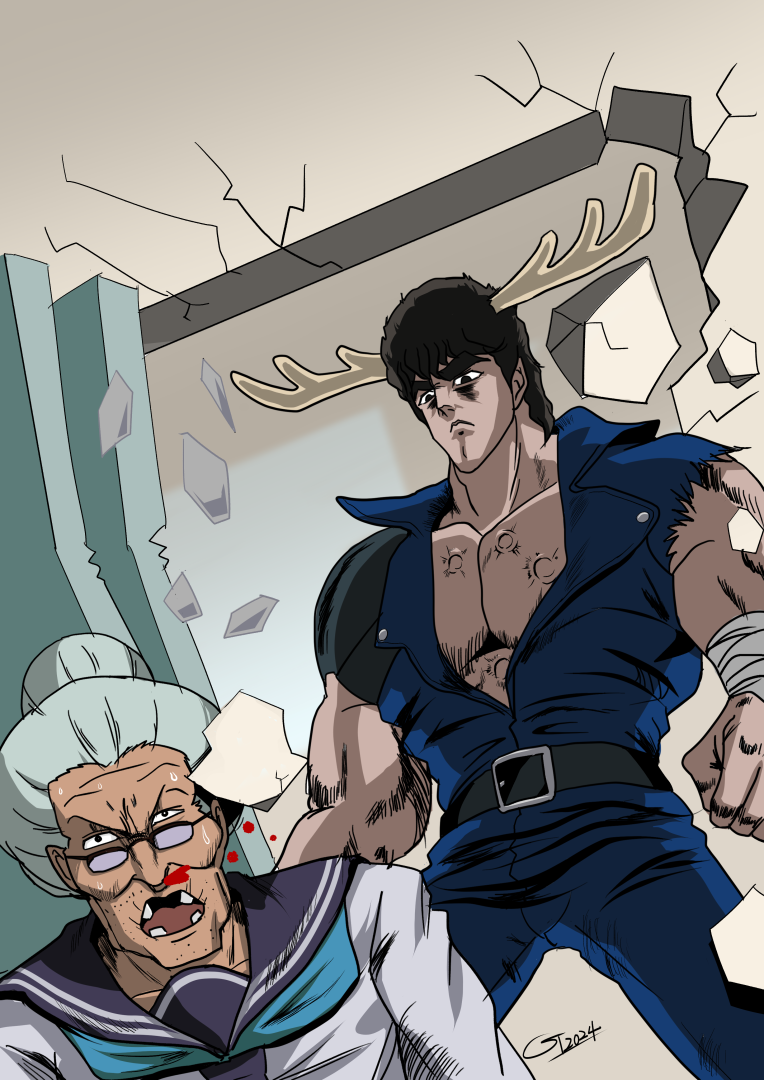 animal_ears, antlers, aqua_neckerchief, belt, big_dipper, black_belt, blood, blue_jacket, blue_neckerchief, blue_sailor_collar, broken, brown_eyes, brown_hair, constellation, deer, deer_ears, dekai_babaa, glasses, gt_ojisan, hokuto_no_ken, horns, jacket, kenshiro, koshi_torako, looking_at_another, man_face, manly, meme, muscular, neckerchief, nokotan_entering_a_classroom_(meme), parody, sailor_collar, serious, shikairo_days, shikanoko_noko, shikanoko_nokonoko_koshitantan, single_bracer, single_shoulder_pad, standing, style_parody