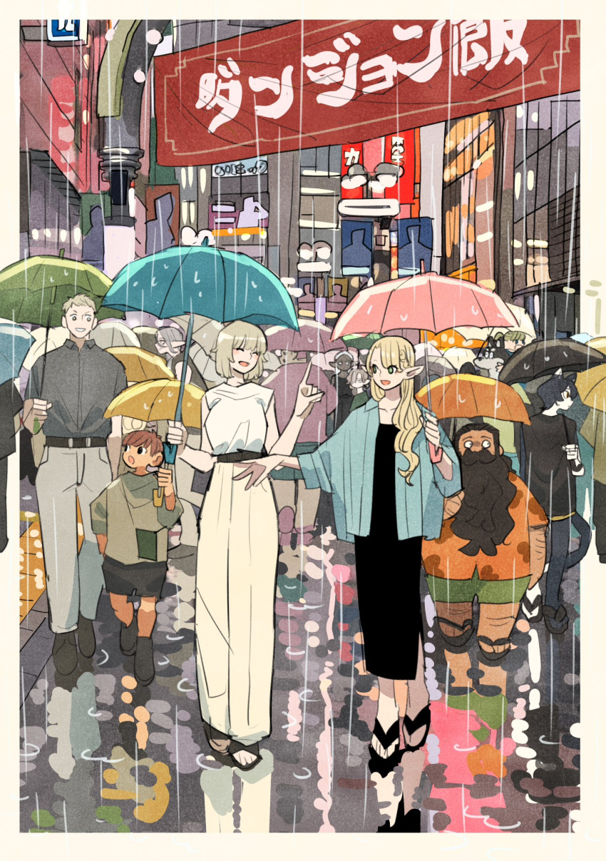 animal_ears, beard, black_dress, black_footwear, black_hair, black_shorts, blonde_hair, blue_shirt