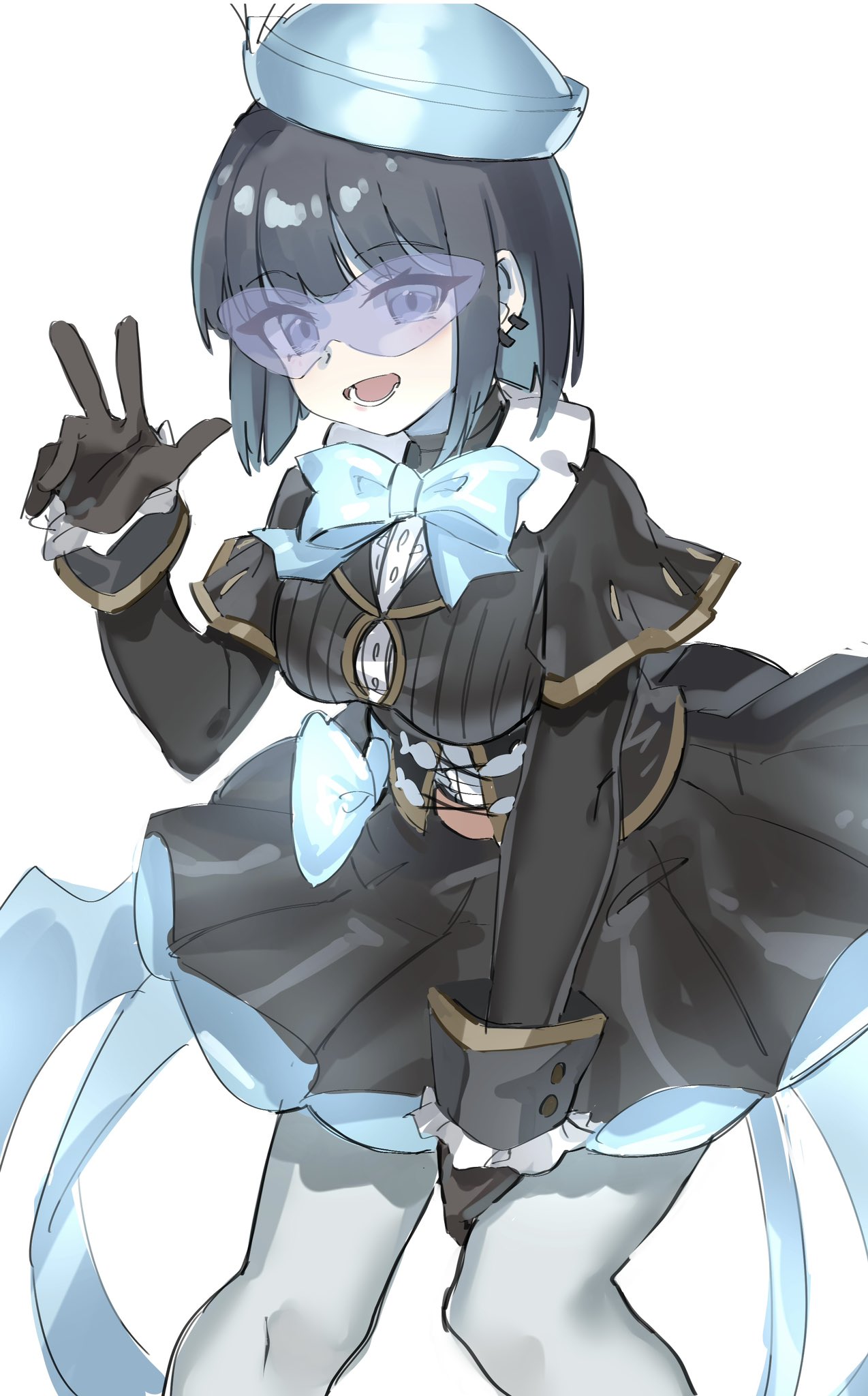 1girl, :d, black_dress, black_eyes, black_gloves, black_hair, blue-tinted_eyewear, blue_bow