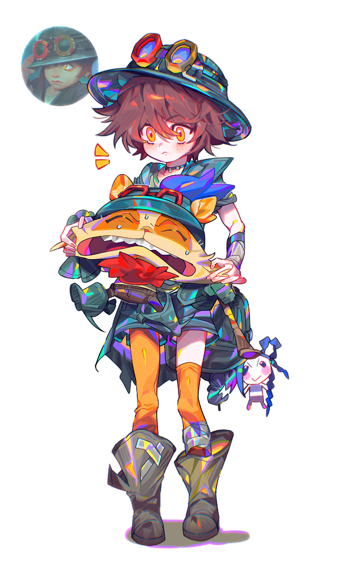 1girl, arcane:_league_of_legends, boots, brown_hair, cat, cheek_pull, child, frown
