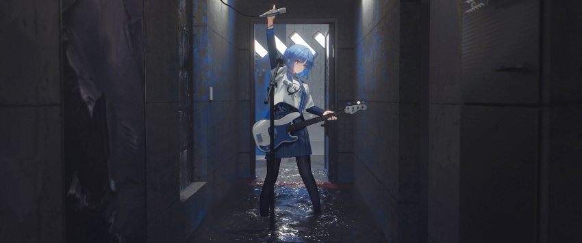 1girl, absurdres, arm_up, bass_guitar, black_pantyhose, blue_hair, blue_skirt, bocchi_the_rock!