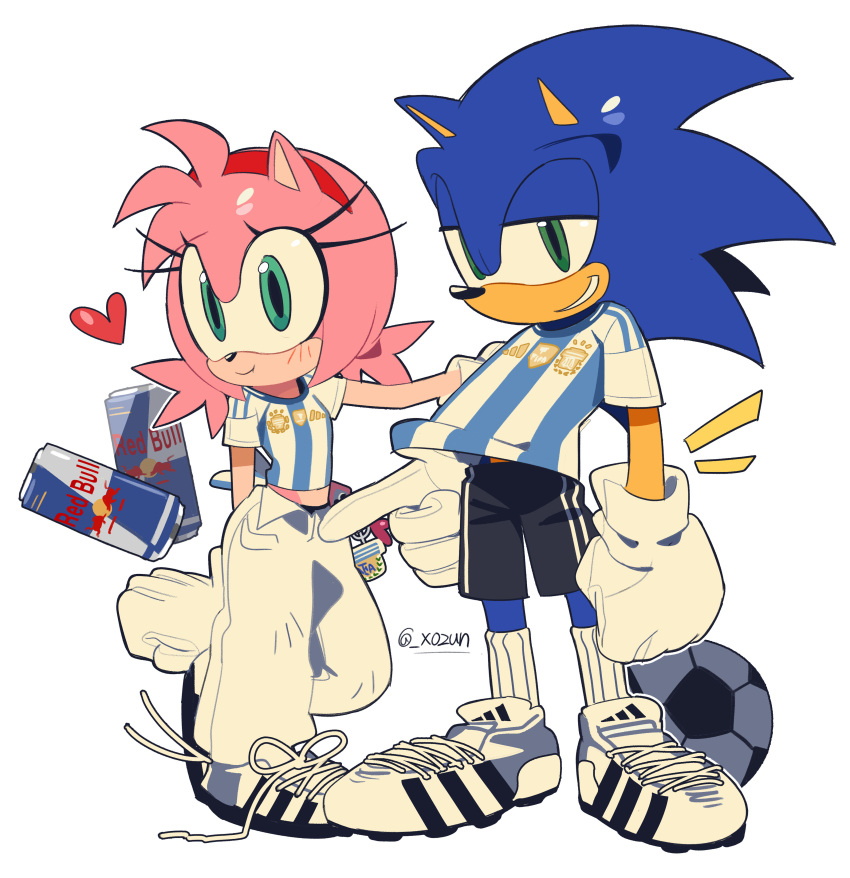 1boy, 1girl, absurdres, amy_rose, arm_behind_back, ball, black_shorts, blue_fur