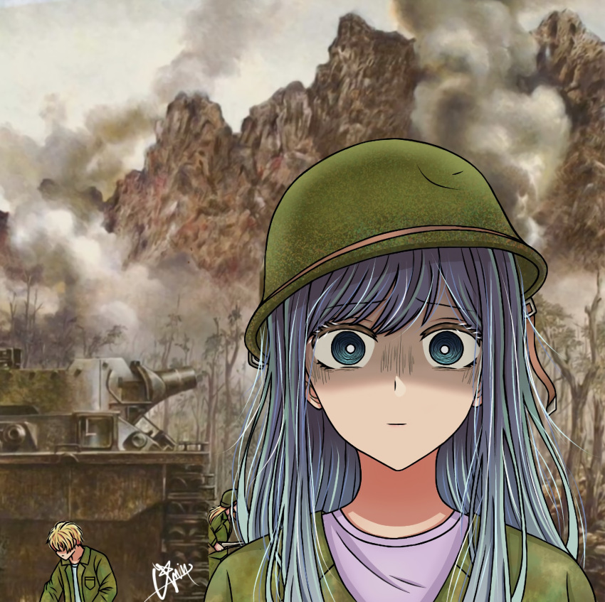 1boy, 2girls, alternate_universe, blonde_hair, blue_eyes, blue_hair, bright_pupils, closed_mouth
