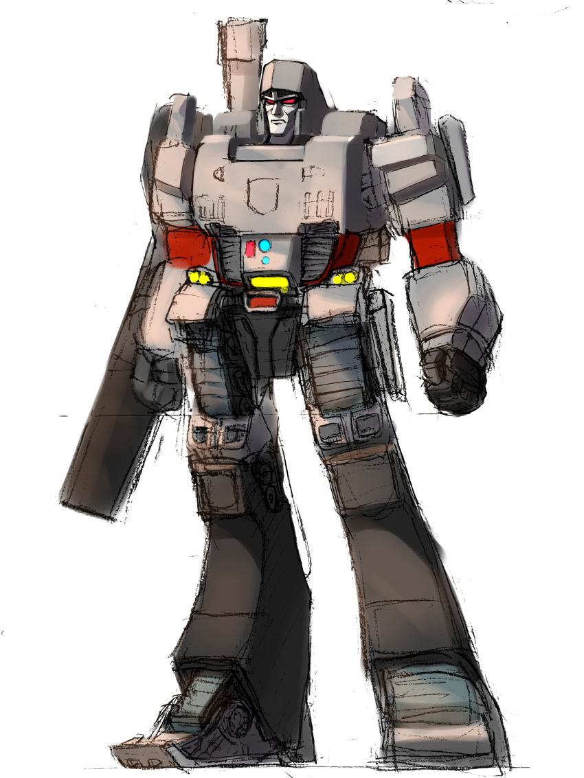 absurdres, angry, arm_cannon, commentary_request, decepticon, energy_cannon, highres, machinery, mecha, mecha_focus, megatron, no_humans, original, red_eyes, redesign, robot, science_fiction, sketch, transformers, transformers:_generation_1, user_metw4778, weapon, white_background