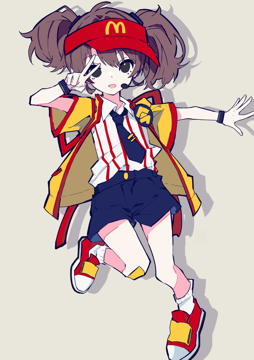1girl, absurdres, bandage_on_knee, blue_necktie, blue_shorts, brown_hair, double_cheese_(mcdonald's), employee_uniform