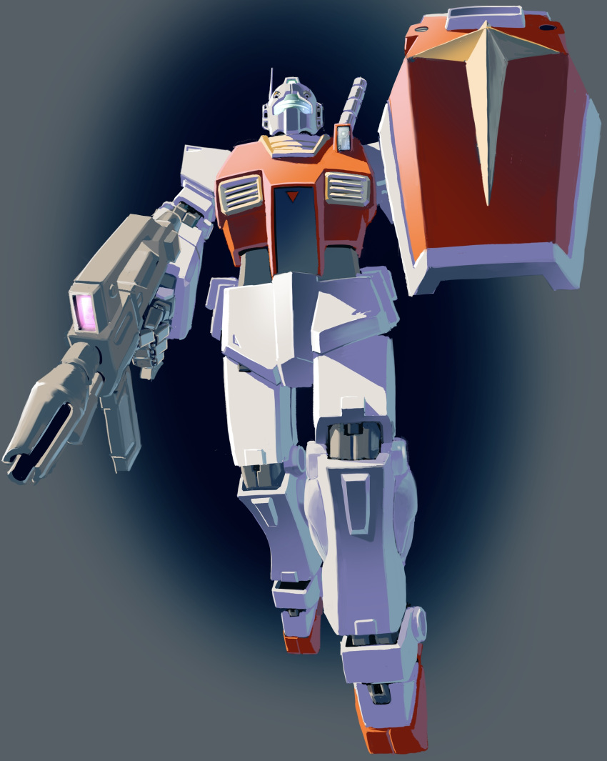 absurdres, assault_visor, beam_rifle, commentary_request, earth_federation, energy_gun, gm_ii, gradient_background, green_visor, gundam, highres, machinery, mecha, mecha_focus, mobile_suit, no_humans, radio_antenna, robot, roundel, science_fiction, shield, user_metw4778, weapon, zeta_gundam