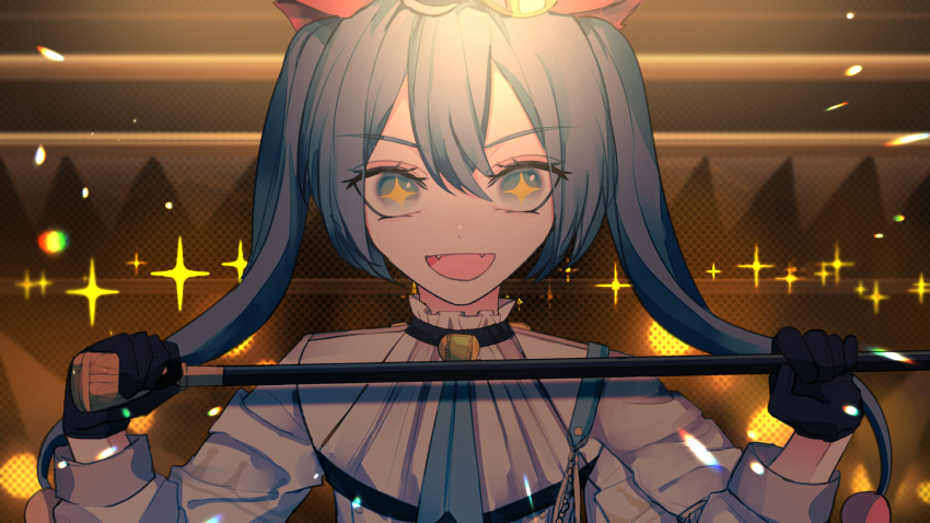 +_+, 04_fujino9, 1girl, :d, aqua_eyes, black_gloves, cane, commentary_request