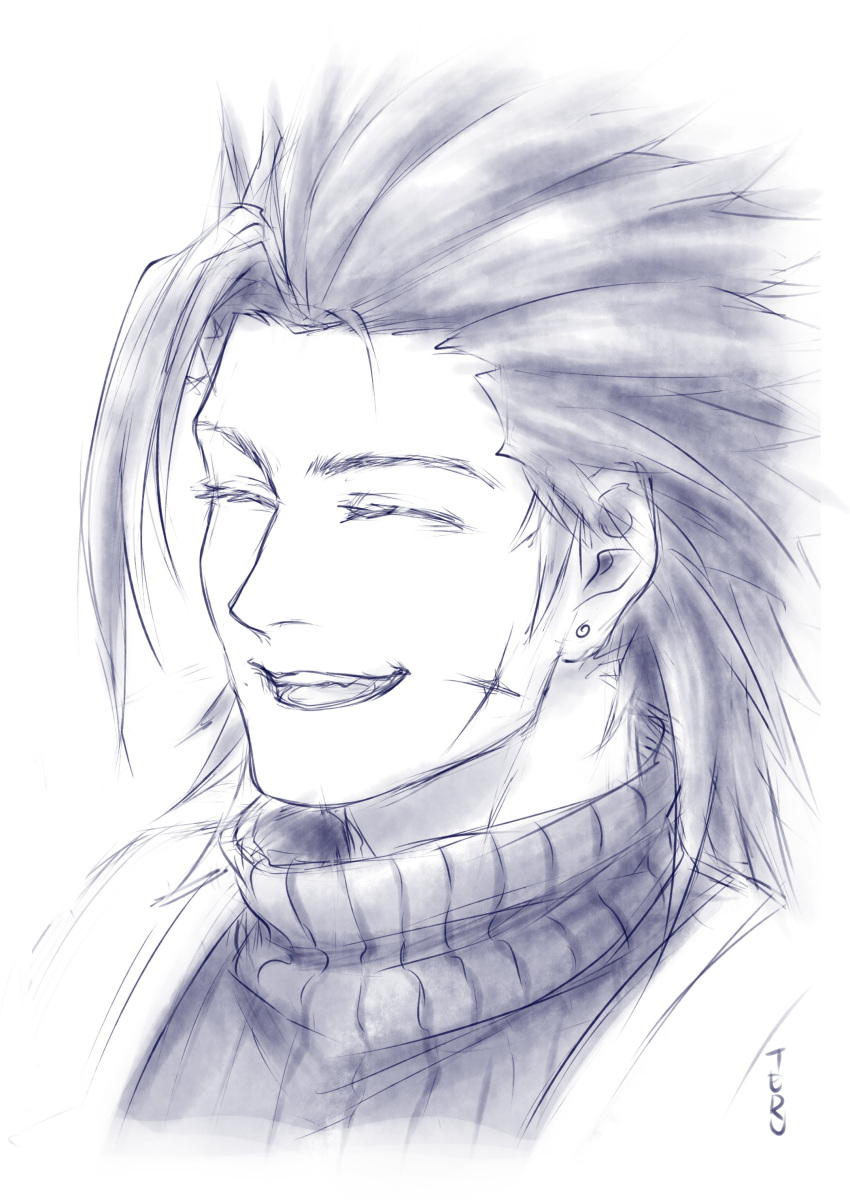 1boy, absurdres, aterumichino, closed_eyes, commentary, crisis_core_final_fantasy_vii, earrings, final_fantasy