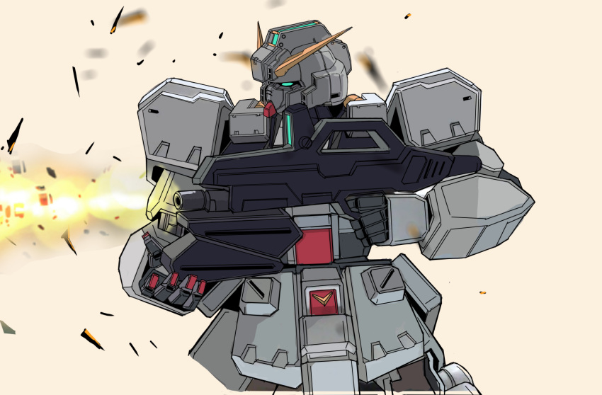 advance_of_zeta, beam_rifle, blue_eyes, commentary, debris, energy_gun, firing, gradient_background