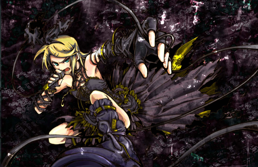 1girl, aqua_eyes, black_dress, black_theme, blonde_hair, boots, cable, dress