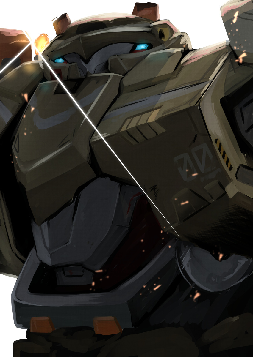 absurdres, blue_eyes, brown_armor, english_commentary, goddess_of_victory:_nikke, highres, looking_at_viewer, looking_down