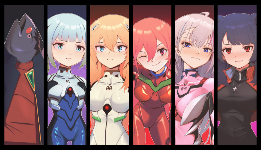 1boy, 5girls, absurdres, ayanami_rei, blonde_hair, blue_hair, cosplay, cross