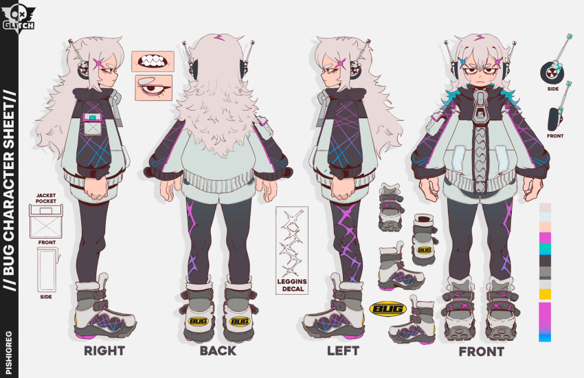 ankle_boots, aqua_hair, arms_at_sides, bags_under_eyes, black_jacket, black_leggings, black_pants, black_sleeve_cuffs