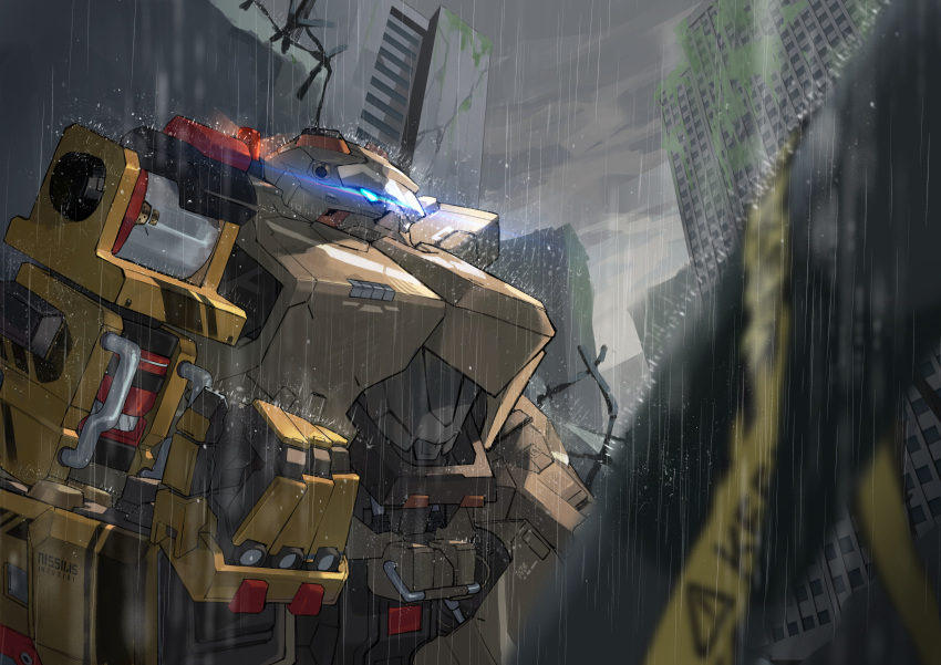 absurdres, blurry, brown_armor, building, city, clenched_hand, clouds, commentary_request