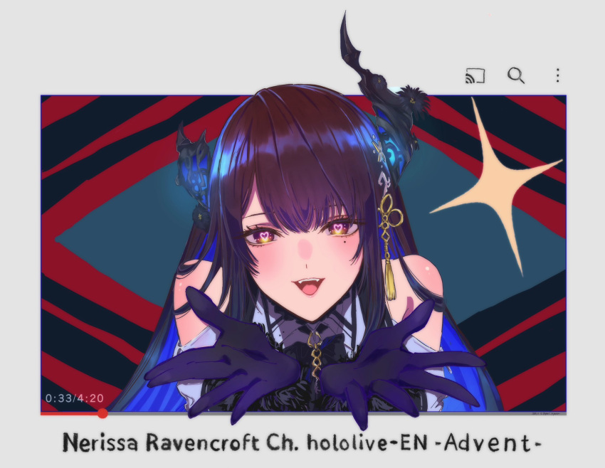 1girl, asymmetrical_horns, bare_shoulders, black_gloves, black_hair, blue_hair, character_name, commentary_request