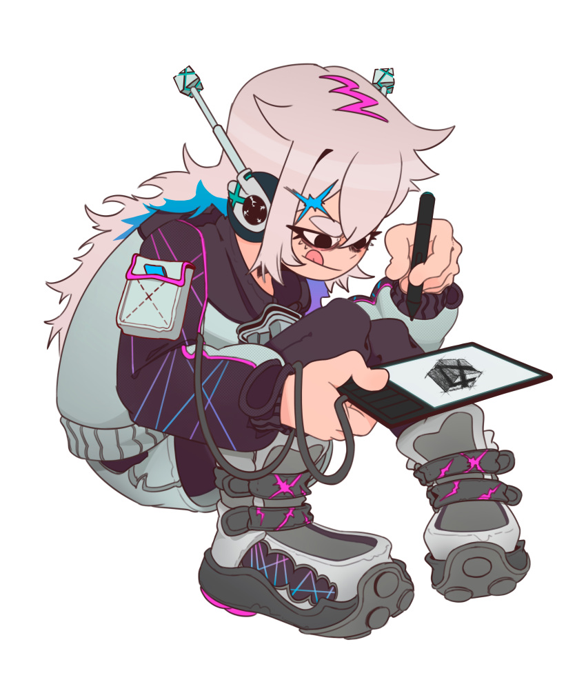 1girl, :q, absurdres, ankle_boots, aqua_hair, asymmetrical_legwear, bags_under_eyes, black_collar