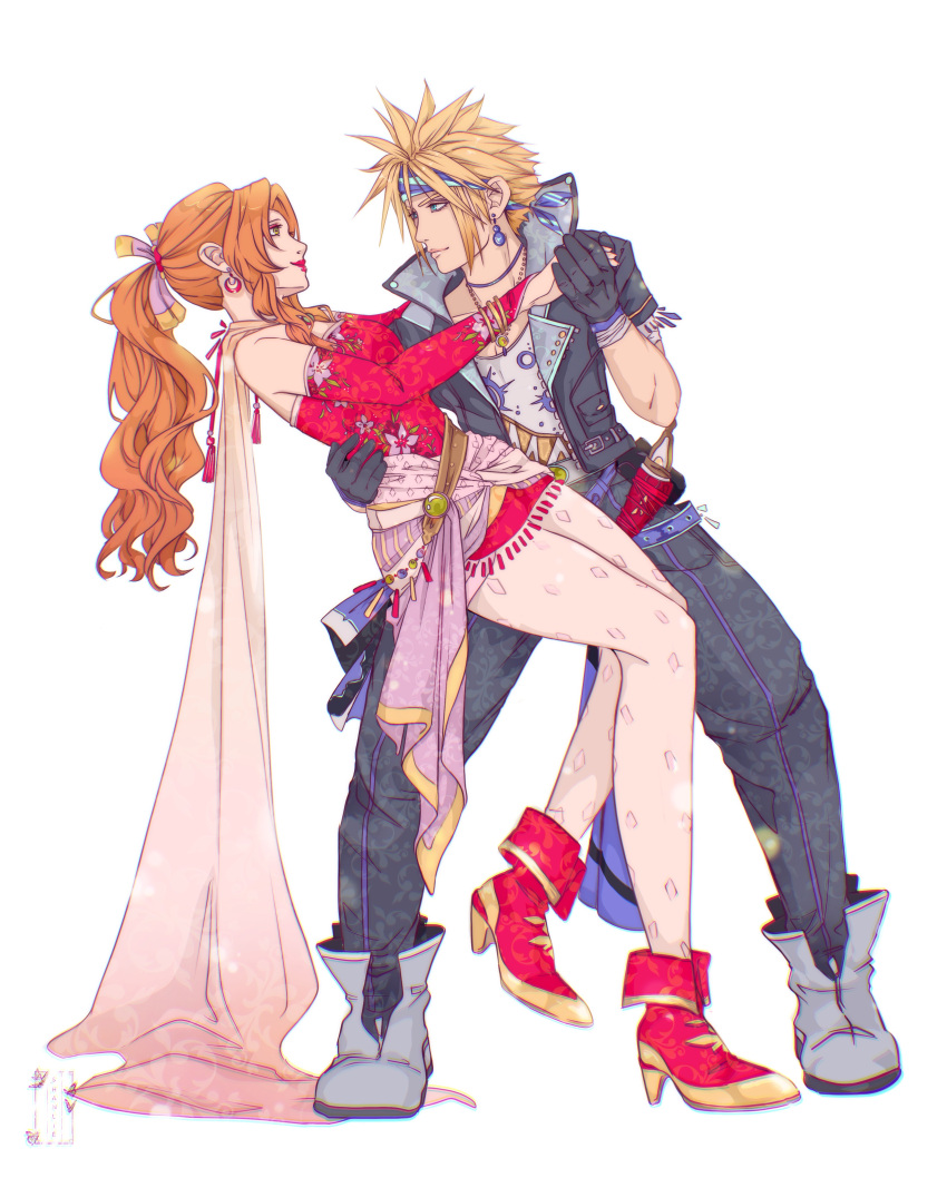 1boy, 1girl, absurdres, aerith_gainsborough, aerith_gainsborough_(terra's_garb), aqua_eyes, bangle, bare_shoulders
