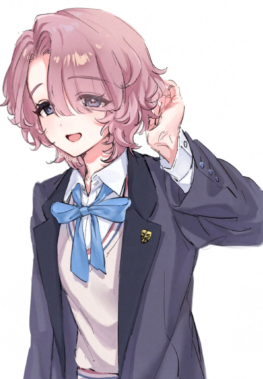 1girl, adjusting_hair, arimura_mao, black_jacket, blazer, blue_bow, blue_bowtie, blue_eyes